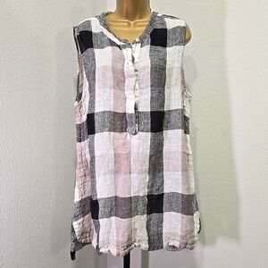 Soft Surroundings Linen Plaid Sleeveless Top Womens Lg Button Lagenlook Summer